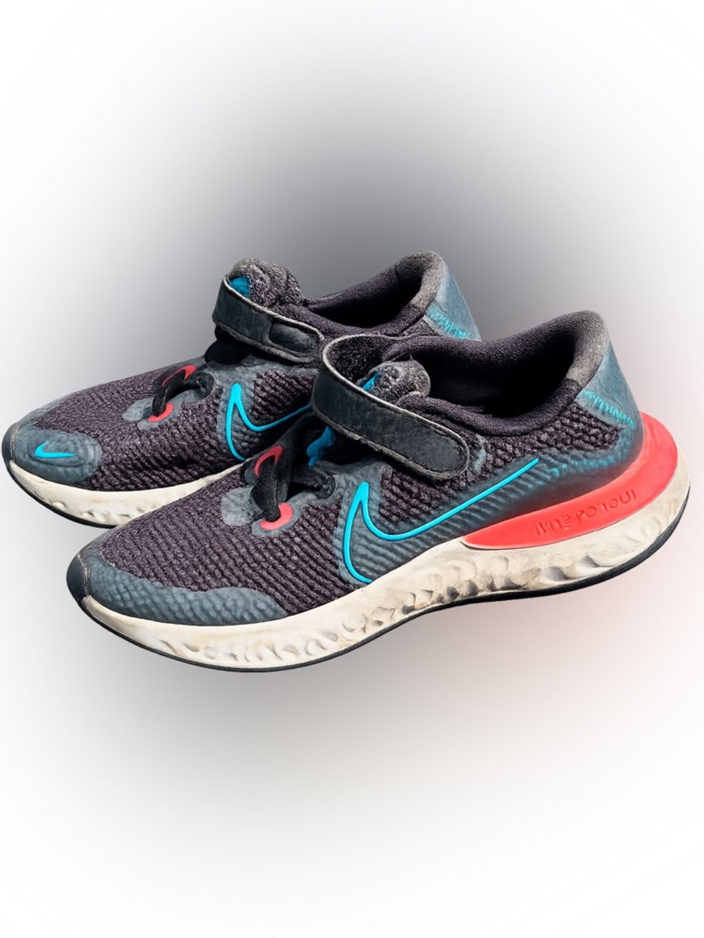 Nike Renew Run Sneakers Girls Size 3Y Black Teal Red Velcro Athletic Shoes
